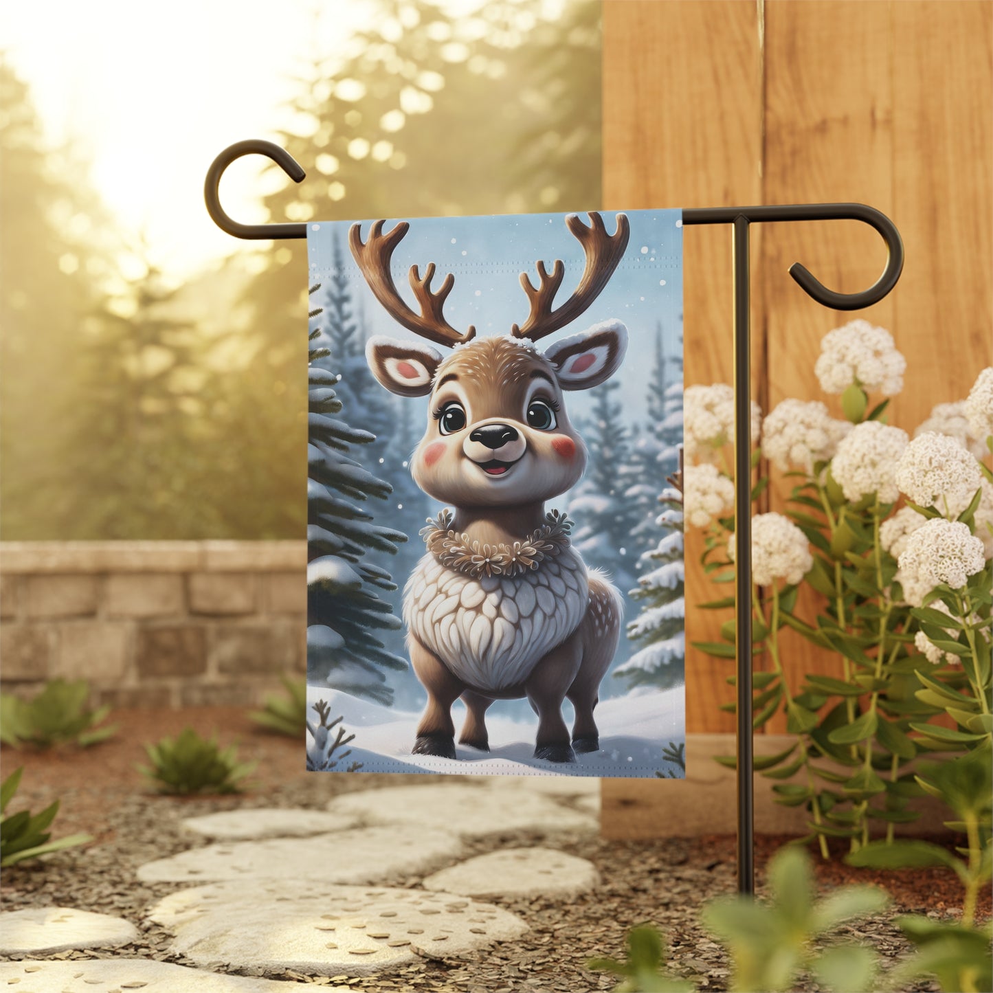 Cute Chubby Reindeer Holiday Garden Flag/ House Banner