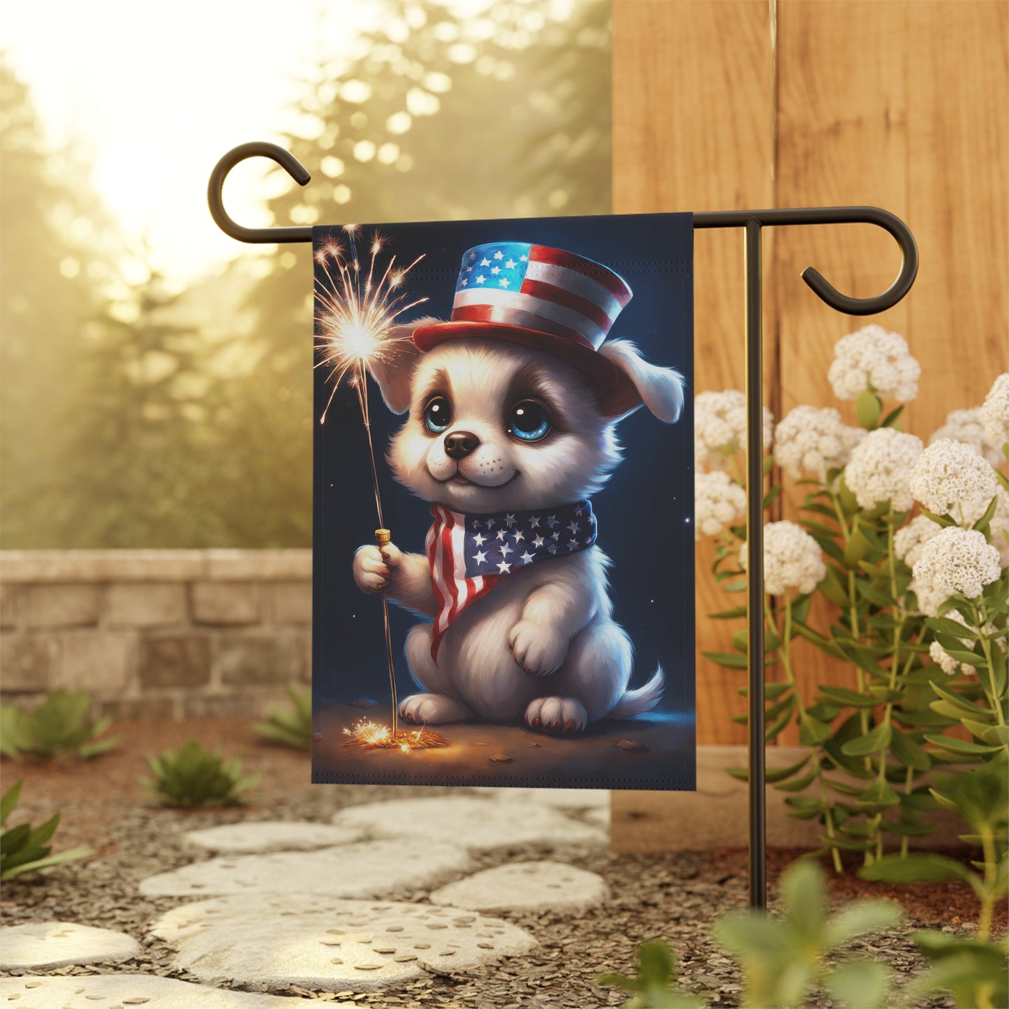 Cute puppy holding a sparkler Garden Flag/House Banner