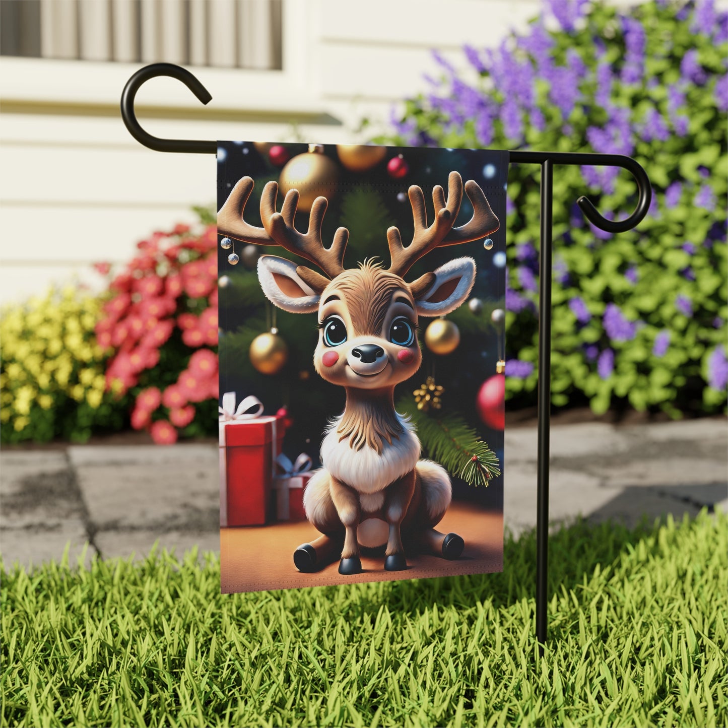 Cheerful Reindeer Holiday Garden Flag/ House Banner