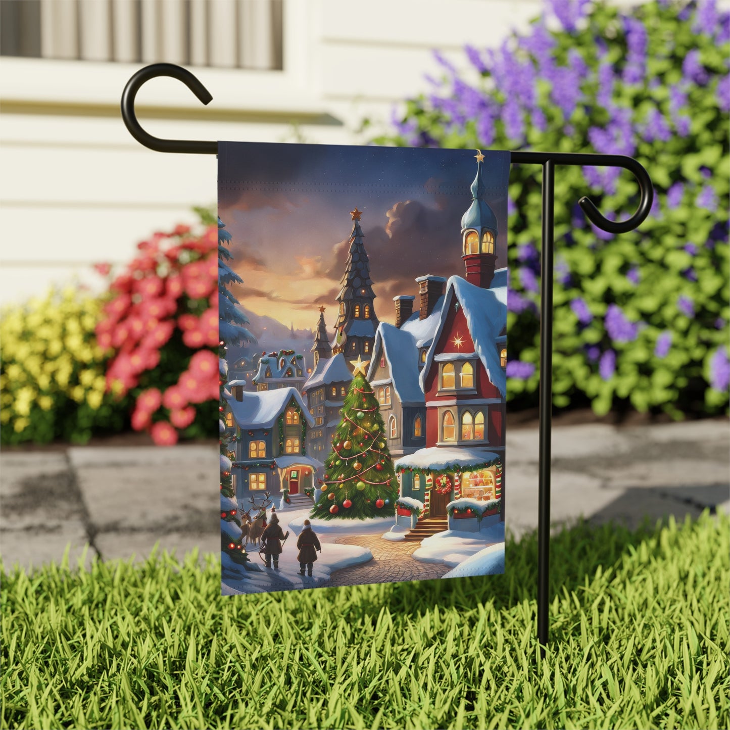 Peaceful Snowy Town Holiday Garden Flag/ House Banner