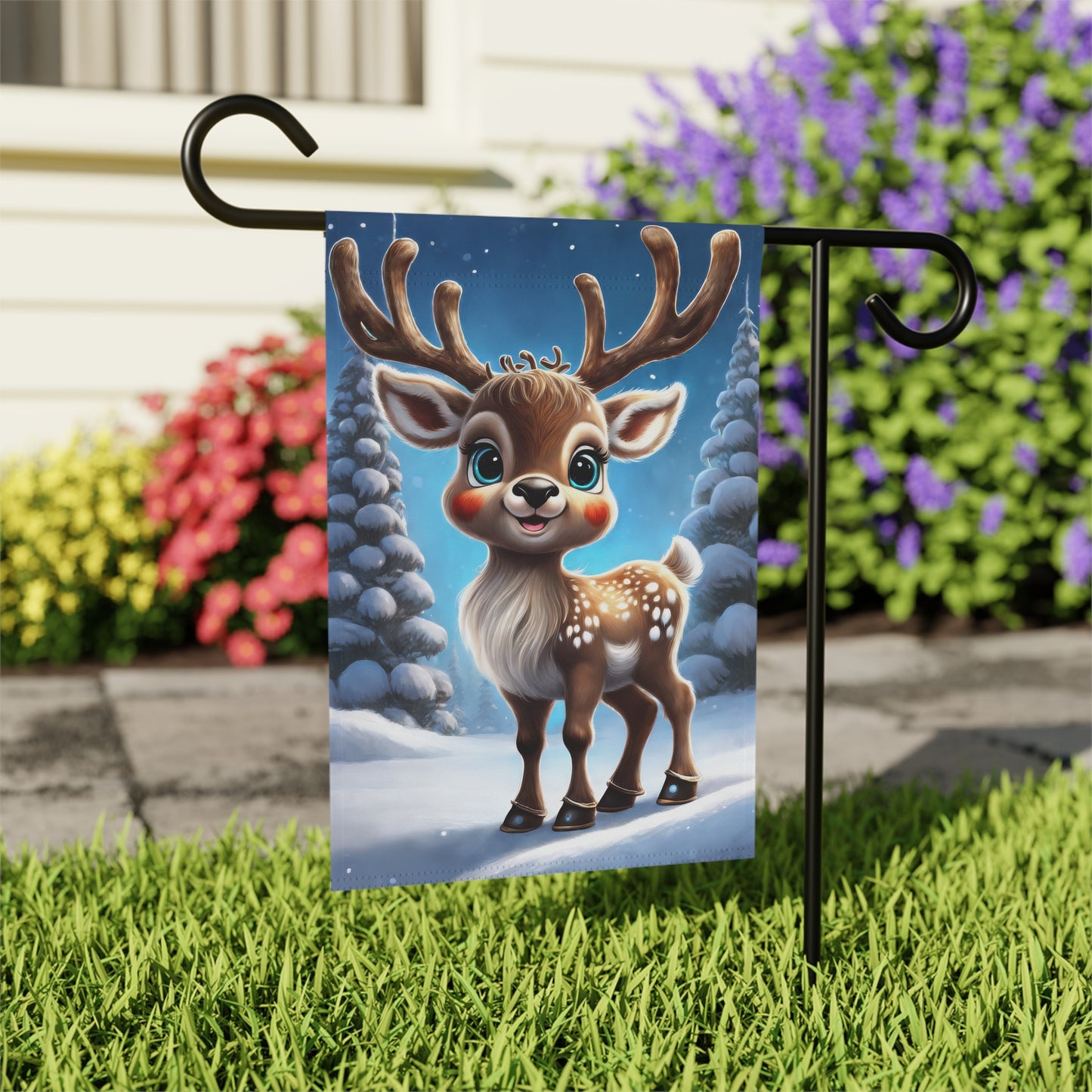 Cheerful Reindeer Holiday Garden Flag/ House Banner