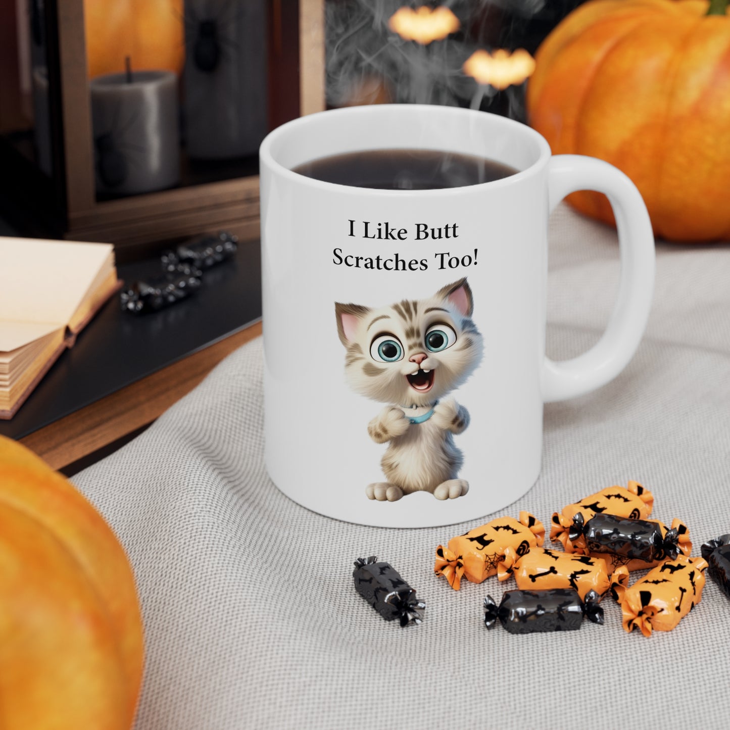 coffee mug with kitten graphic saying I like butt scratches too