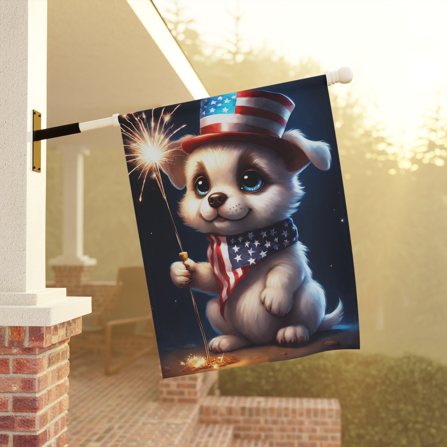 Cute puppy holding a sparkler Garden Flag/House Banner