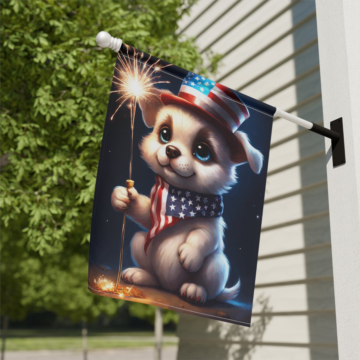 Cute puppy holding a sparkler Garden Flag/House Banner