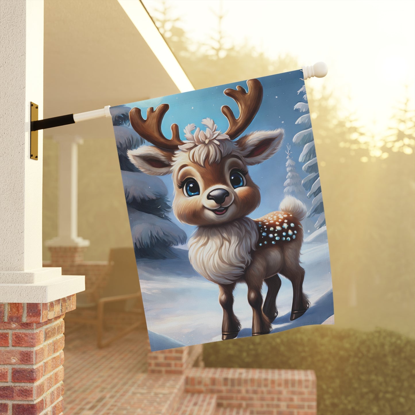 Baby Reindeer in a Wintery Scene Holiday Garden Flag/ House Banner