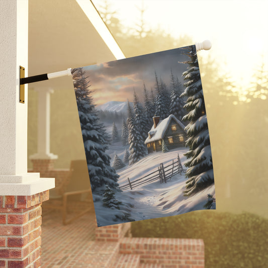 Beautiful Snowy Cabin in the Woods Holiday Garden Flag/ House Banner