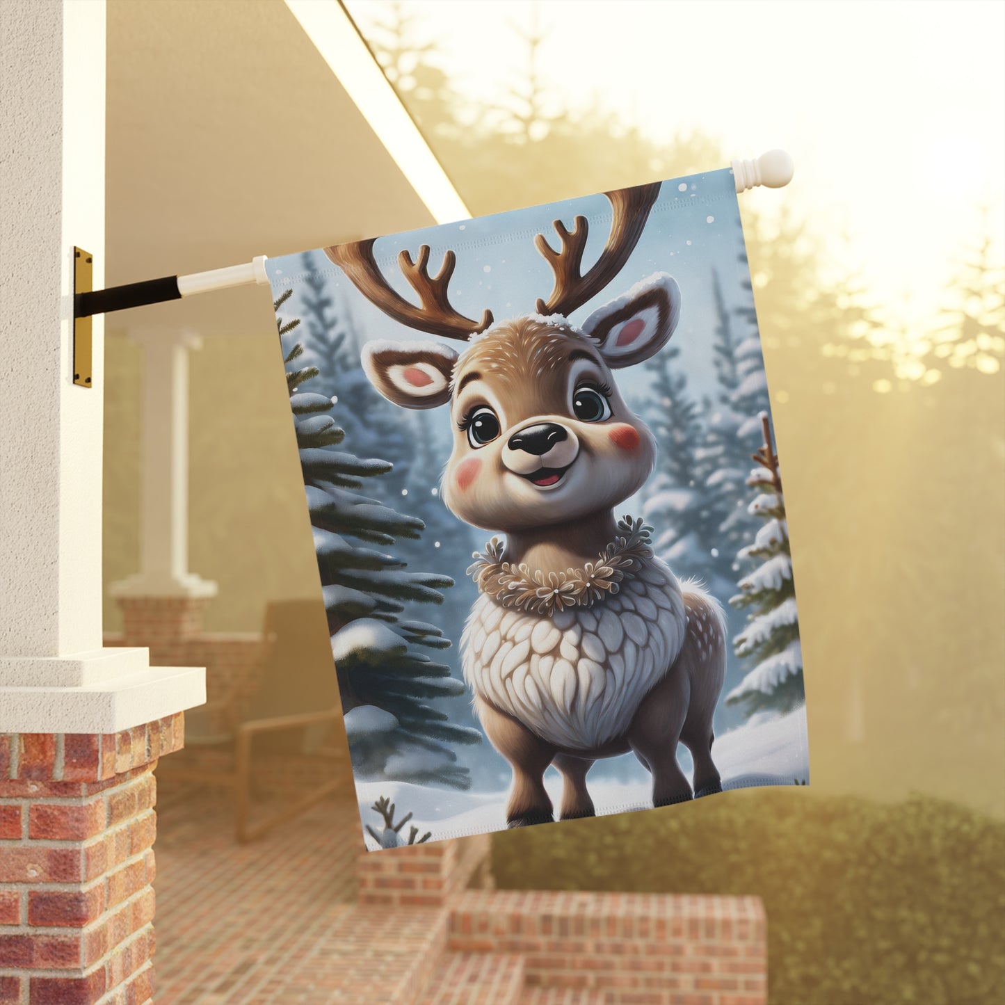 Cute Chubby Reindeer Holiday Garden Flag/ House Banner