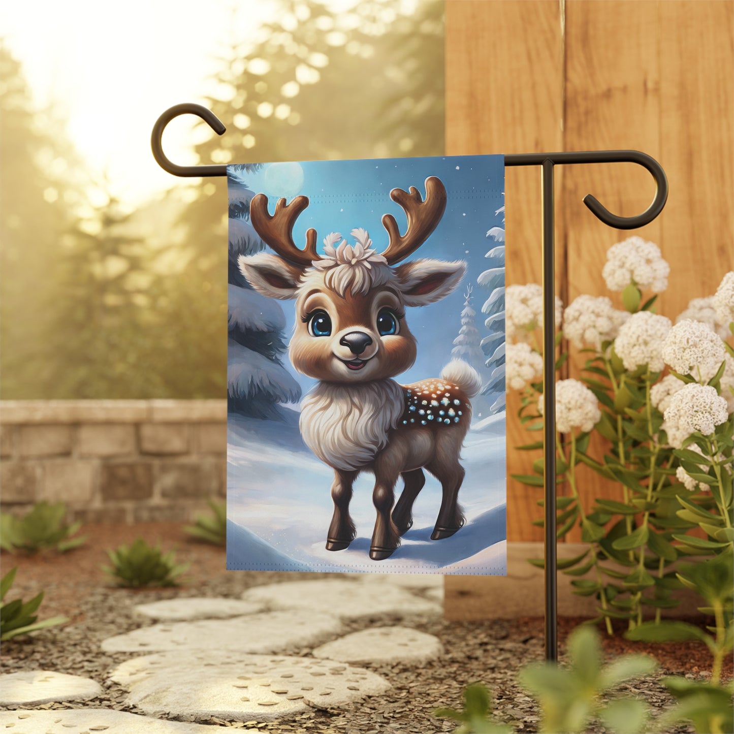 Baby Reindeer in a Wintery Scene Holiday Garden Flag/ House Banner