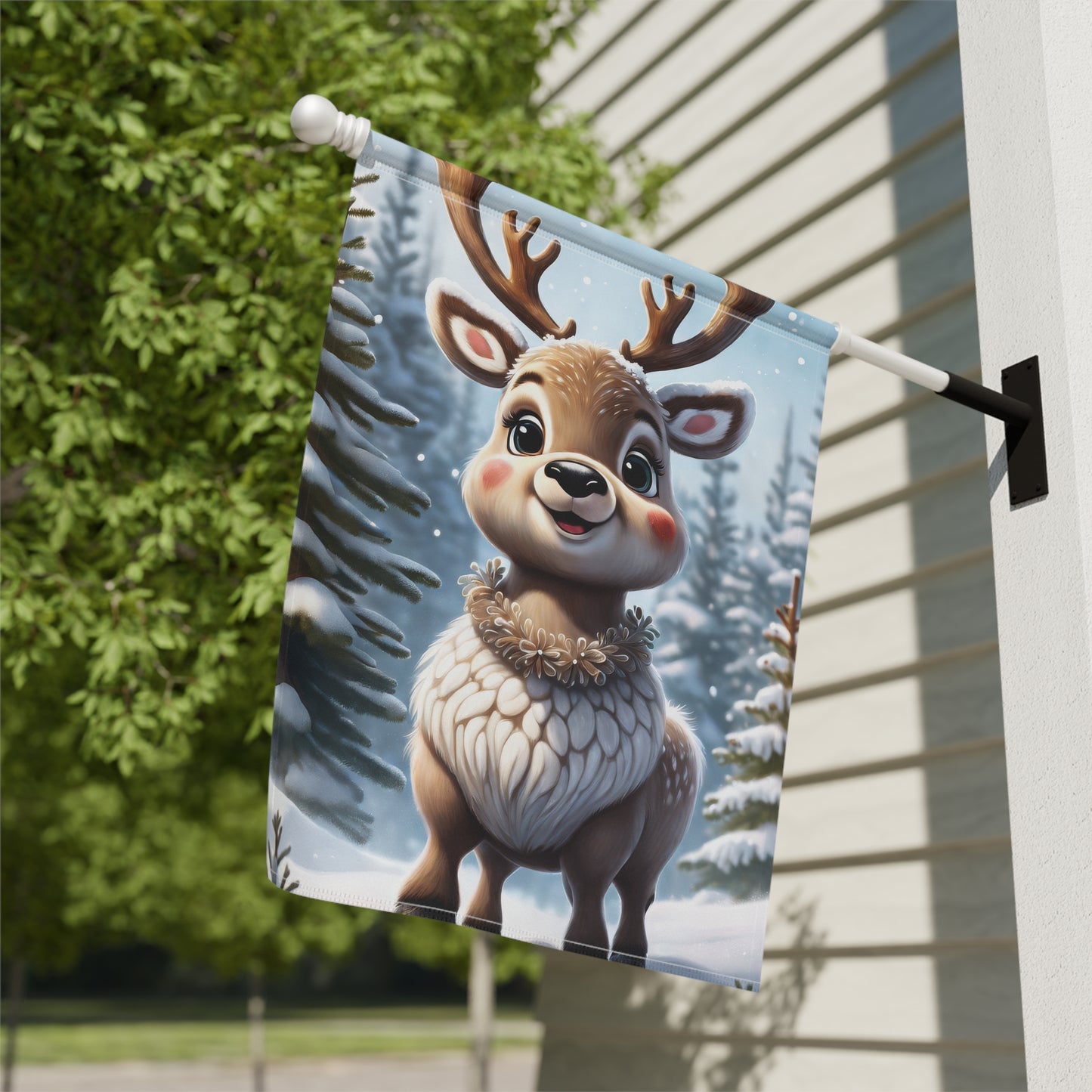 Cute Chubby Reindeer Holiday Garden Flag/ House Banner