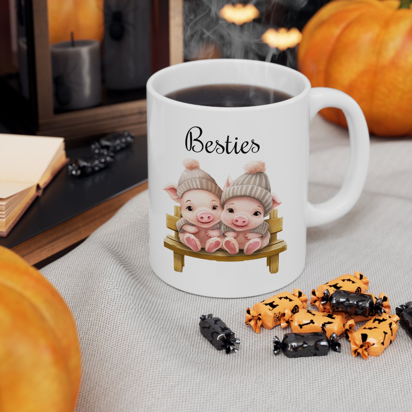 baby pigs sitting on a bench coffee mug