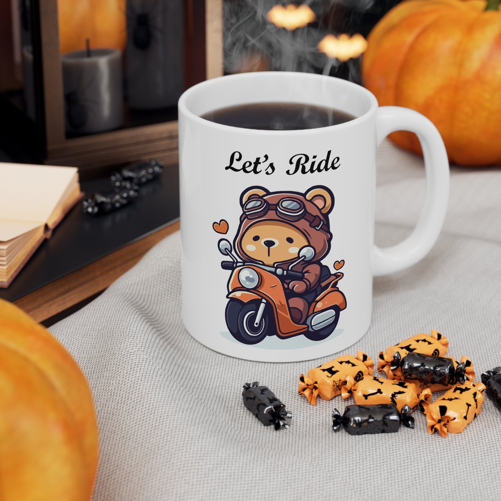 bear riding a scooter coffee mug