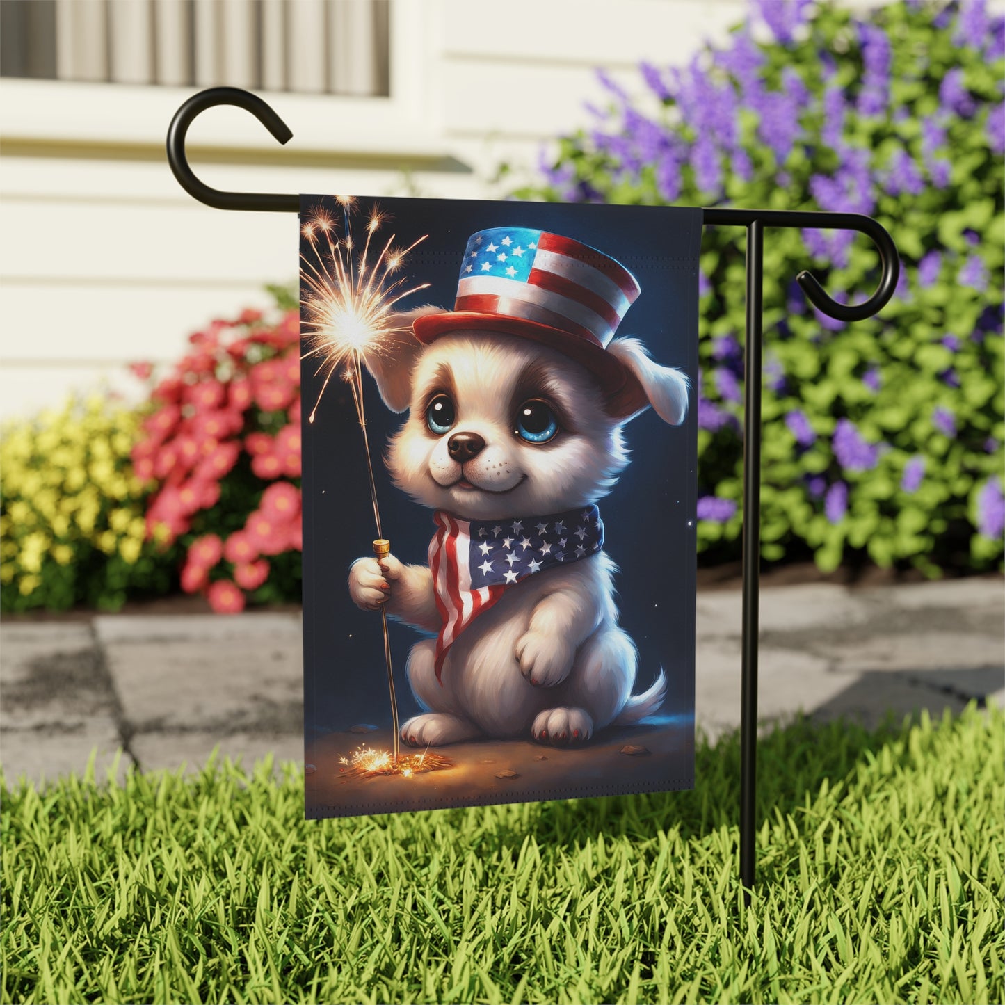 Cute puppy holding a sparkler Garden Flag/House Banner