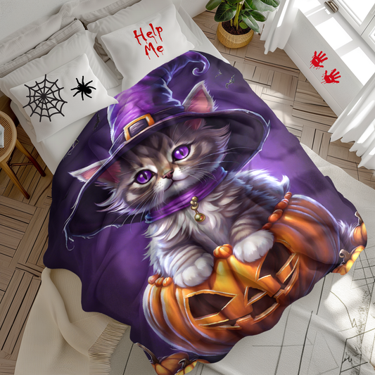 Adorable Kitten in a Jack-O-Lantern Halloween Plush Blanket