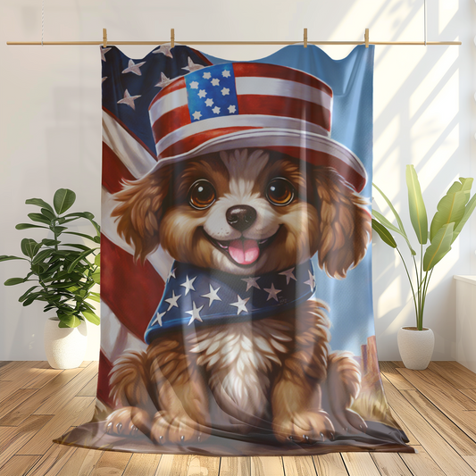 Independence Day Plush Blanket with a Happy Puppy