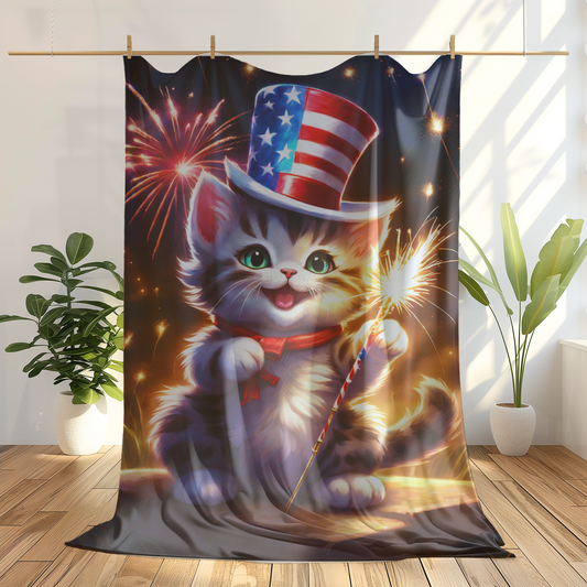 Happy Patriotic Kitten velveteen Plush Blanket