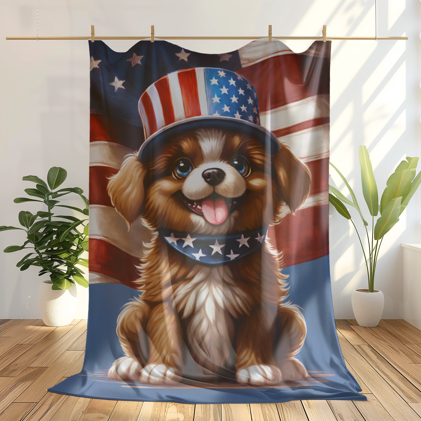 Plush Blanket with a Precious Happy Puppy Ready for 4th of July