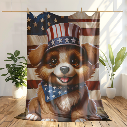 Precious Happy Puppy 4th of July Plush Blanket