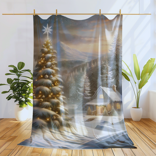 Christmas Velveteen Plush Blanket With a Cabin in the Woods