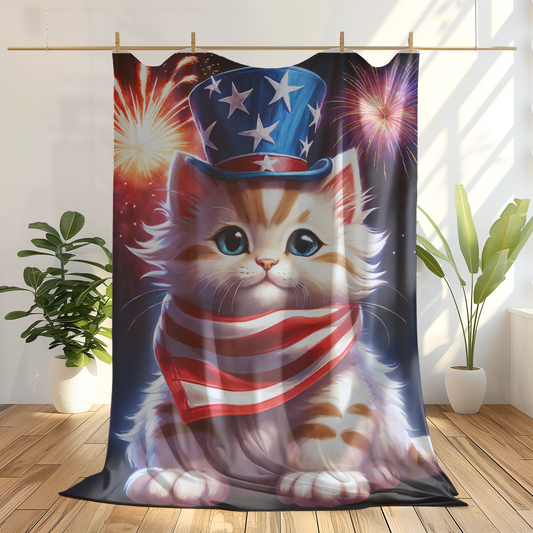 Sweet Little Kitten 4th of July Plush Velveteen Blanket