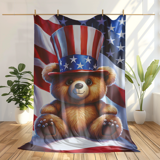 Precious Teddy Bear 4th of July Plush Velveteen Blanket