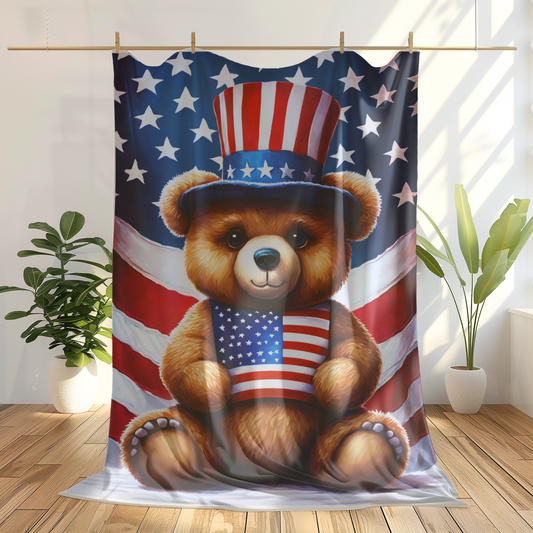 Sweet Teddy Bear 4th of July Plush Velveteen Blanket