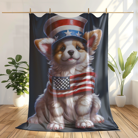 Adorable Puppy 4th of July Plush Velveteen Blanket