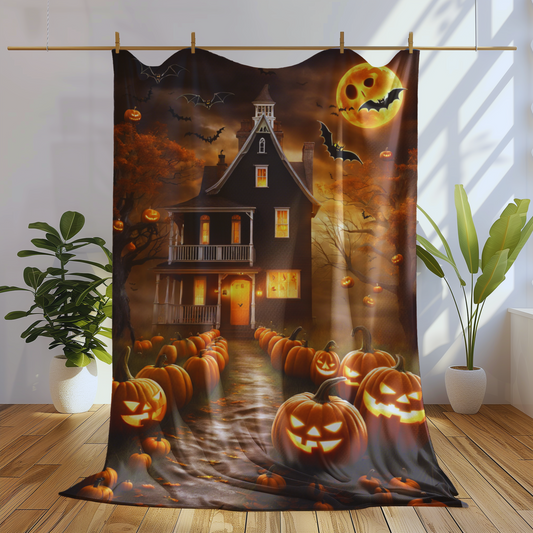 Haunted House with a Creepy Moon Plush Blanket