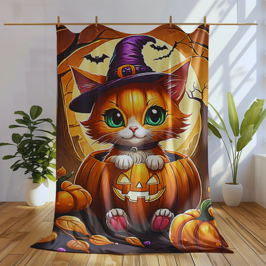 Cute Kitten in a Jack-O-Lantern Halloween Plush Blanket