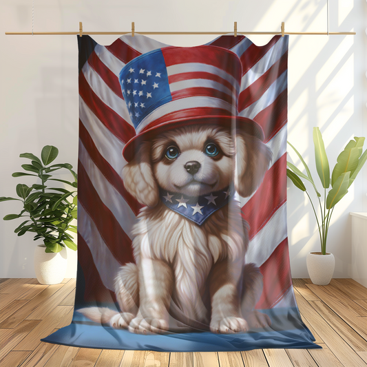 Cute Puppy Independence Day Plush Sofa Blanket