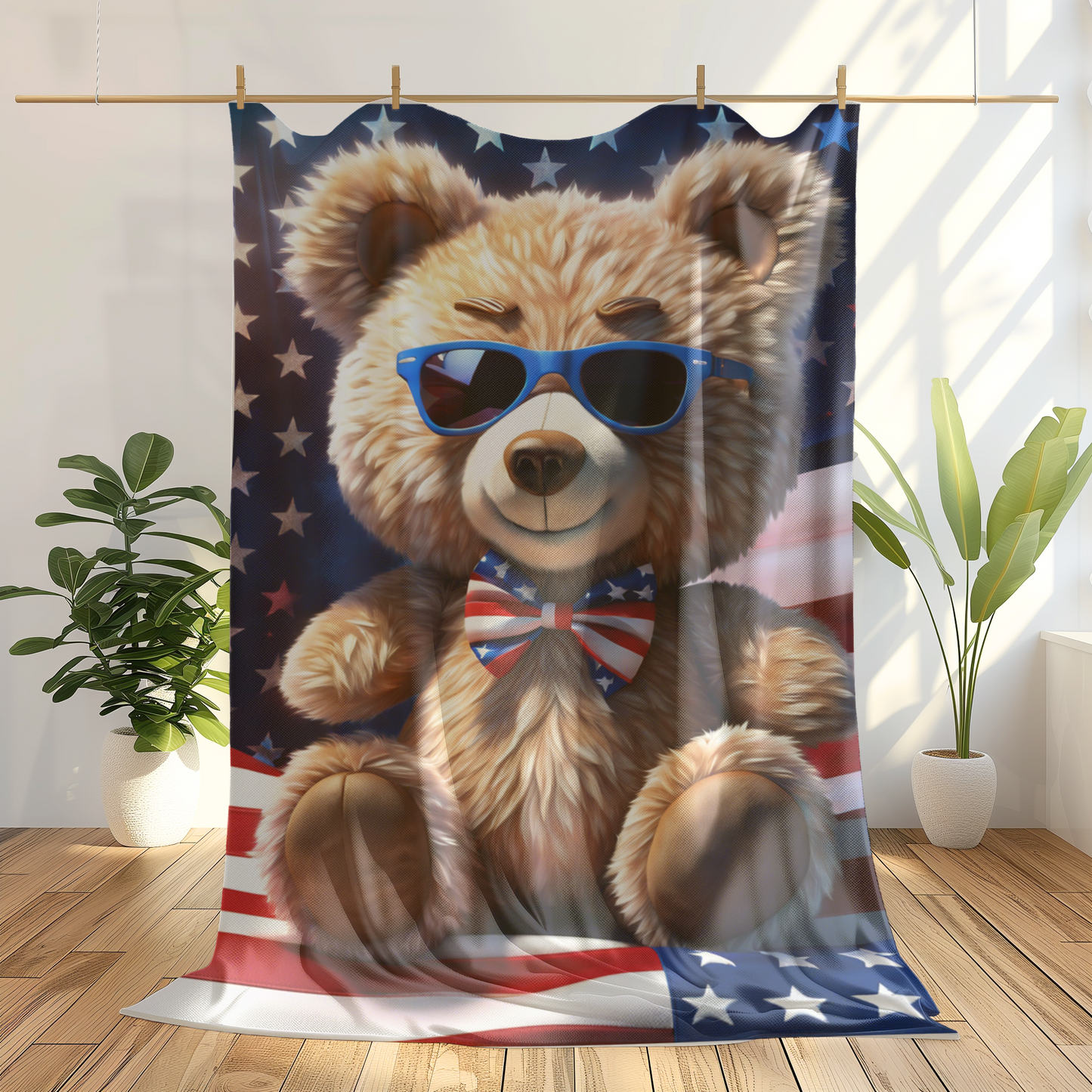 Cute Teddy Bear Independence Day Plush Sofa Blanket