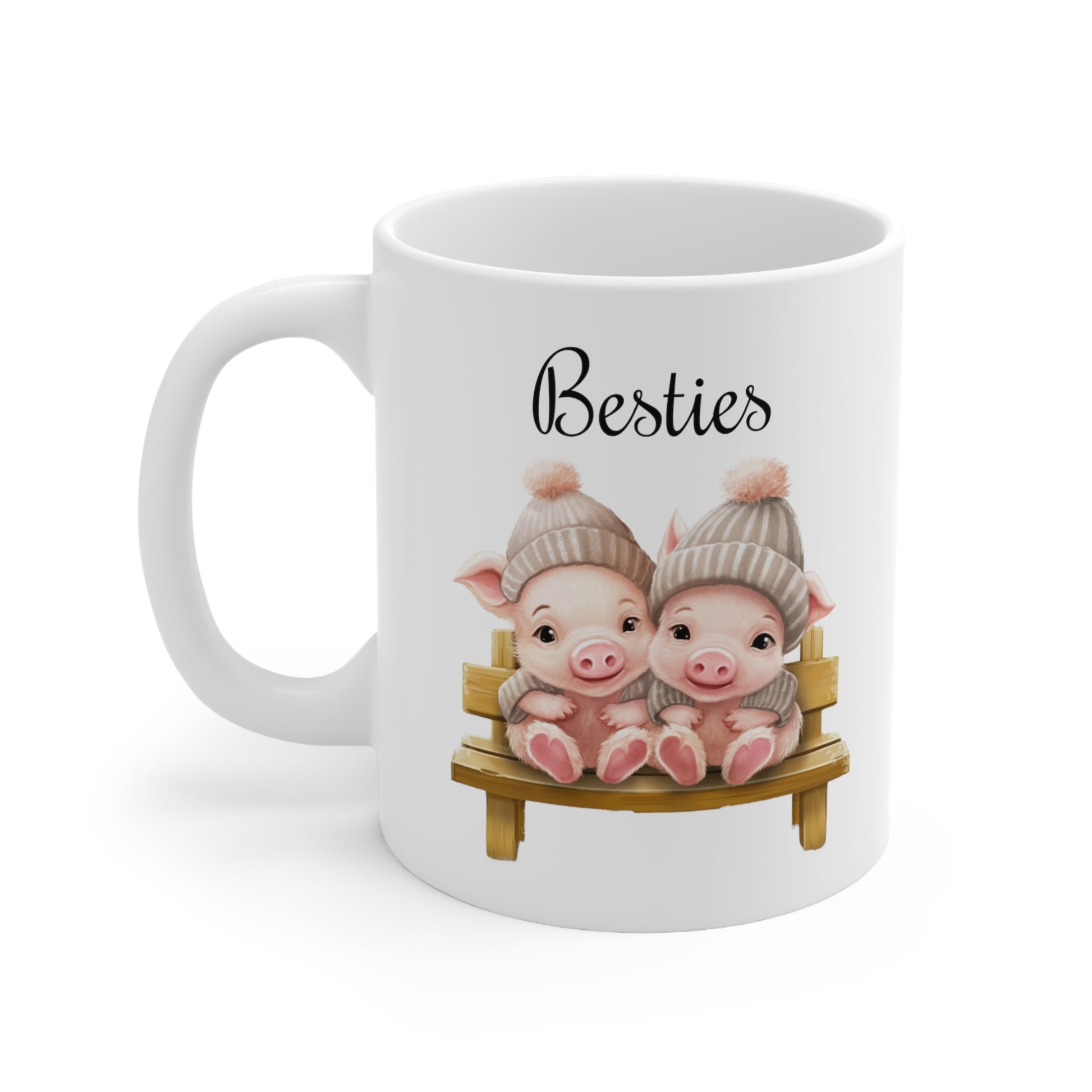 baby pigs sitting on a bench coffee mug