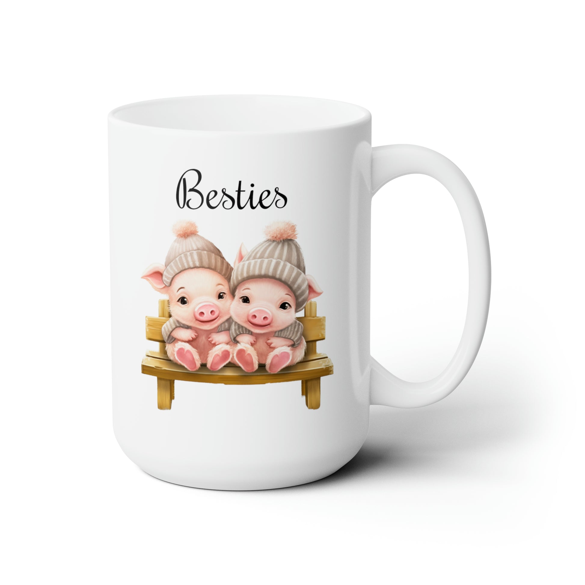 baby pigs on a bench coffee mug saying besties