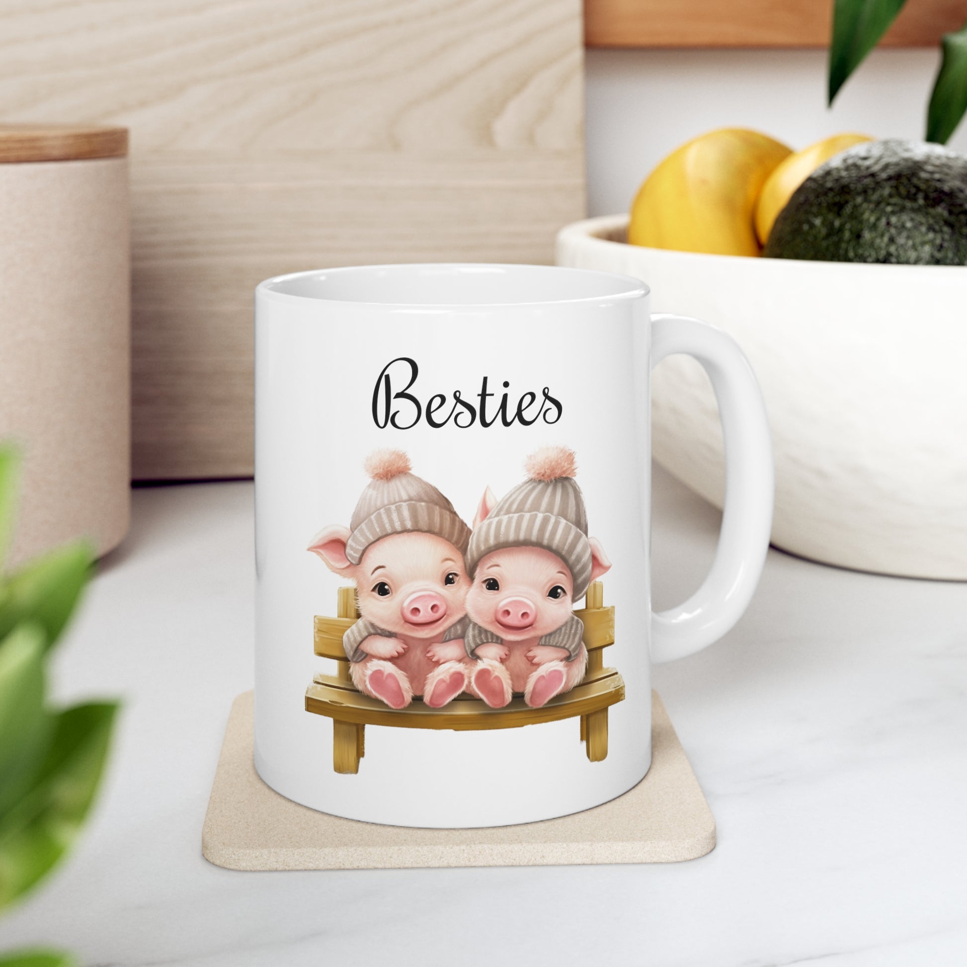 baby pigs sitting on a bench coffee mug