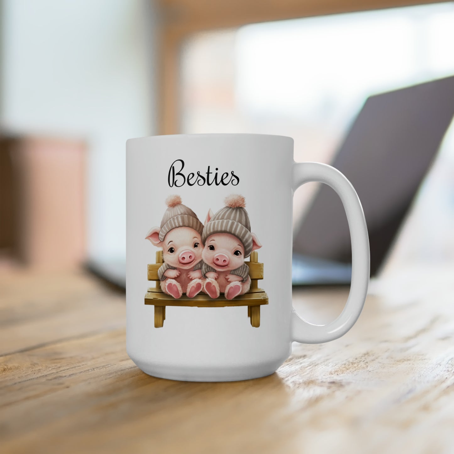 baby pigs on a bench coffee mug saying besties