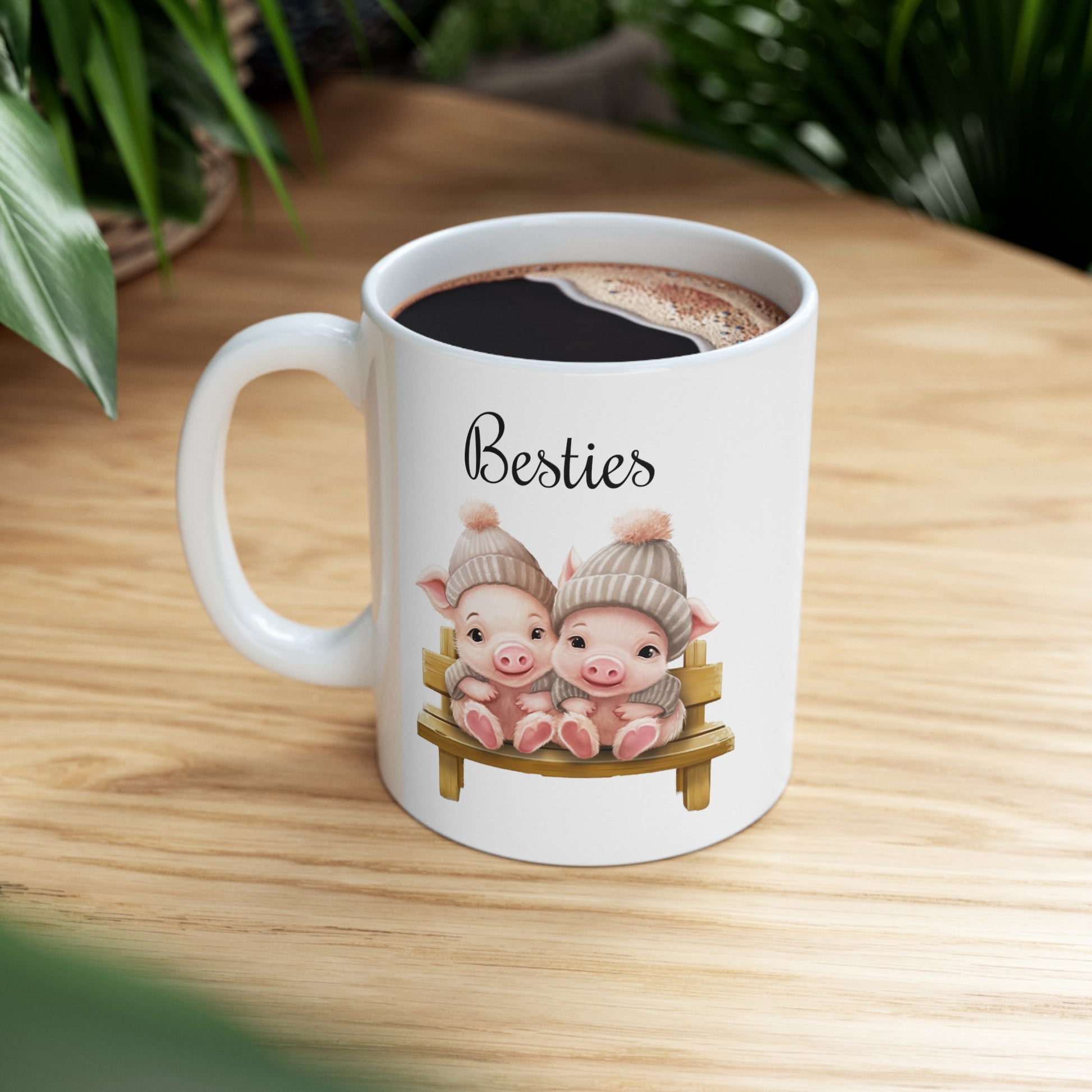 baby pigs sitting on a bench coffee mug