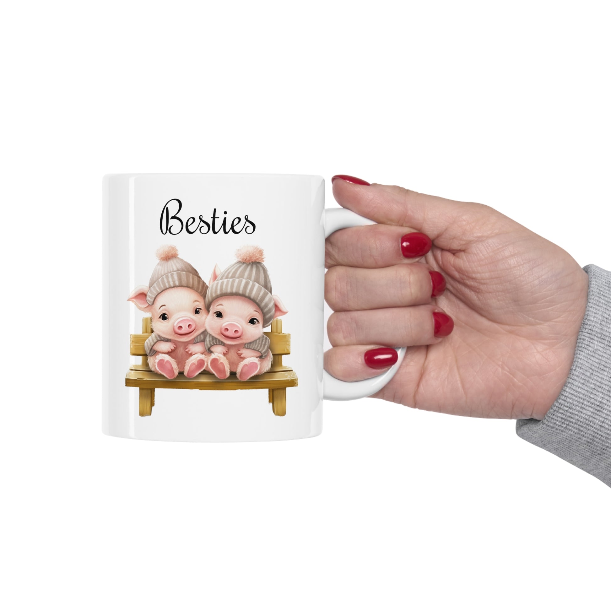 baby pigs sitting on a bench coffee mug