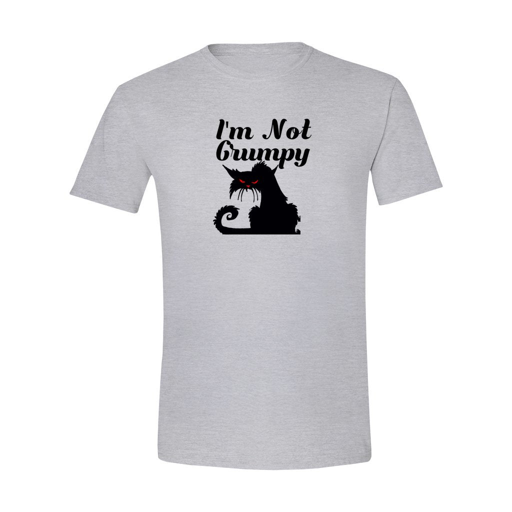 black cat with red eyes saying "I'm not grumpy" on light gray shirt