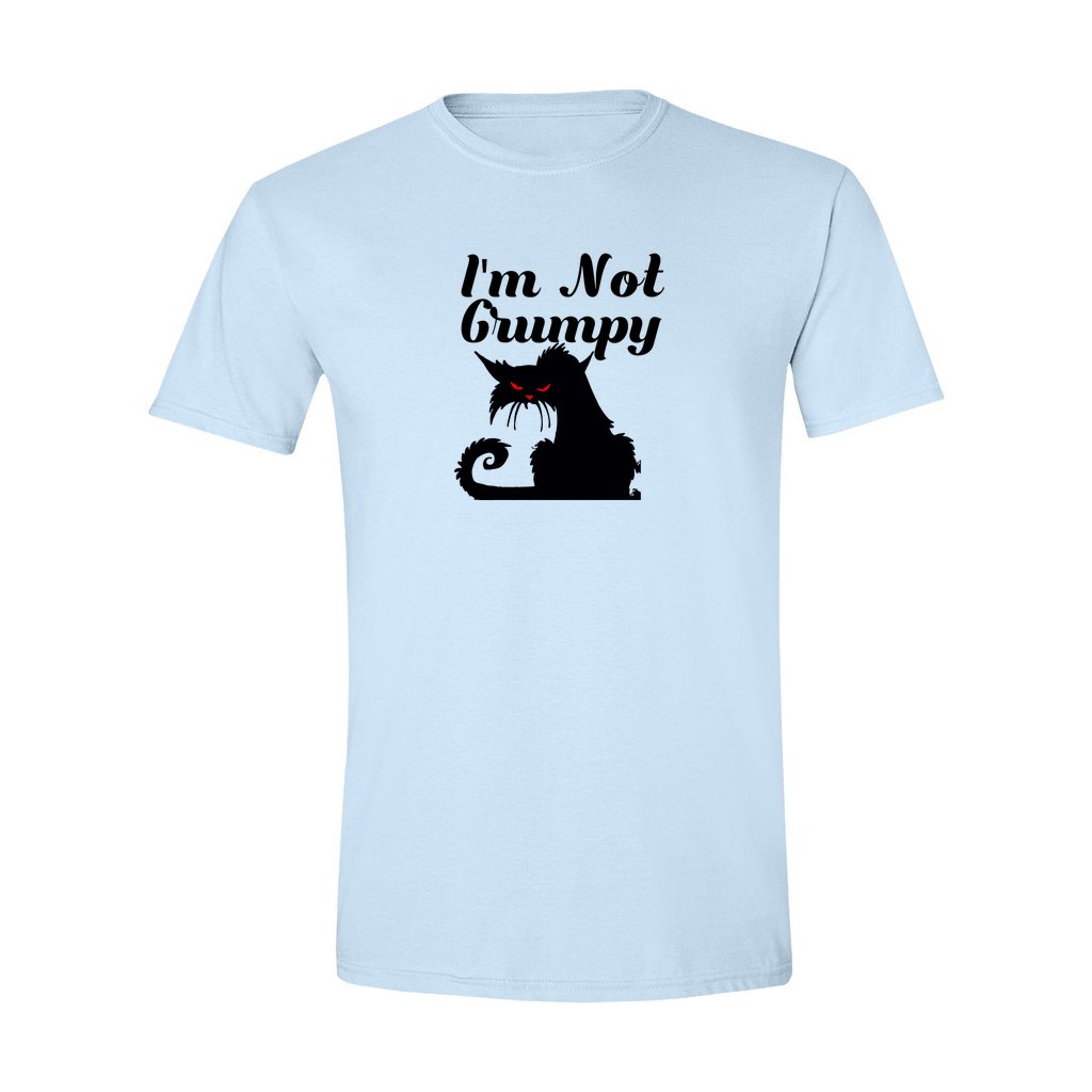 black cat with red eyes saying "I'm not grumpy" on light blue shirt