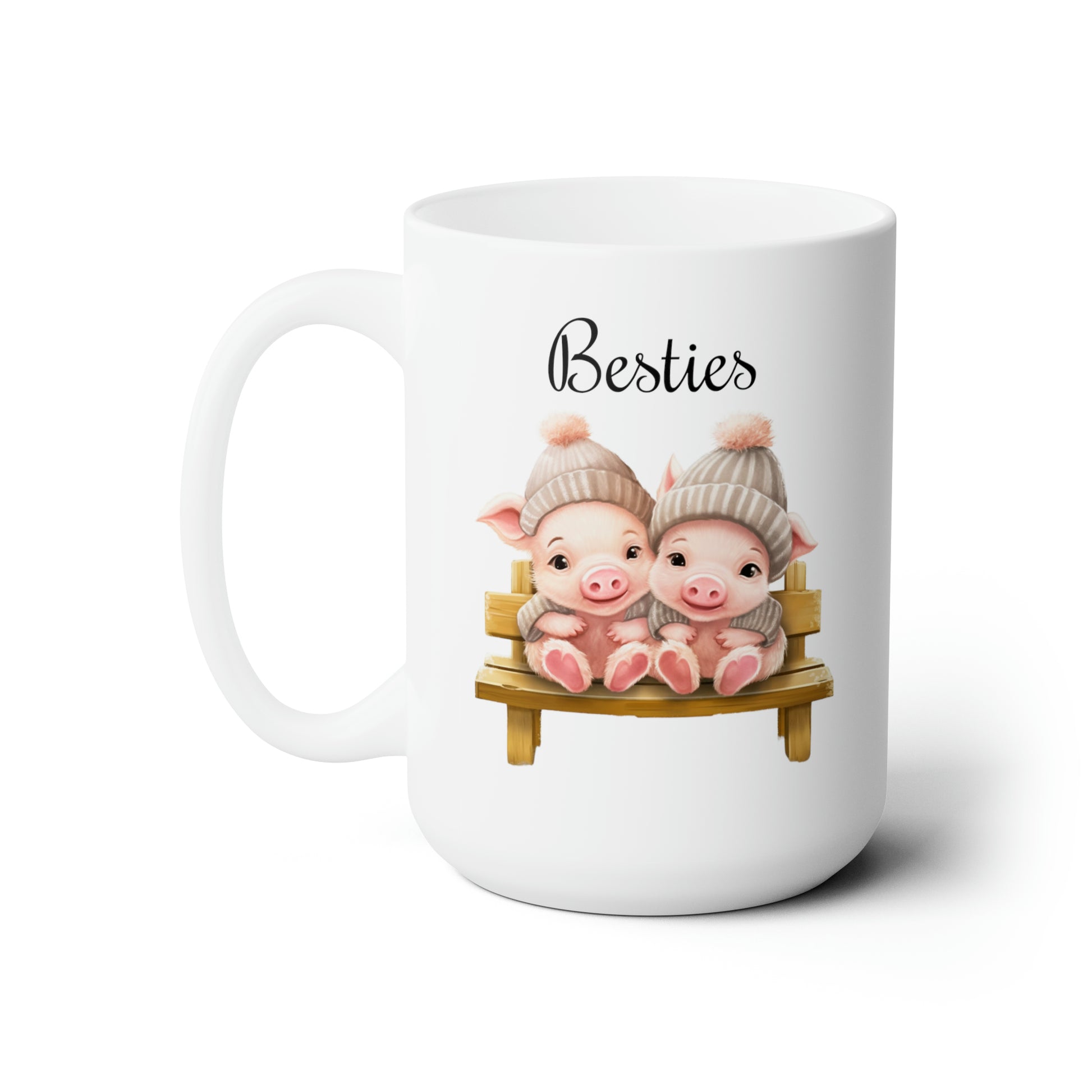 baby pigs on a bench coffee mug saying besties