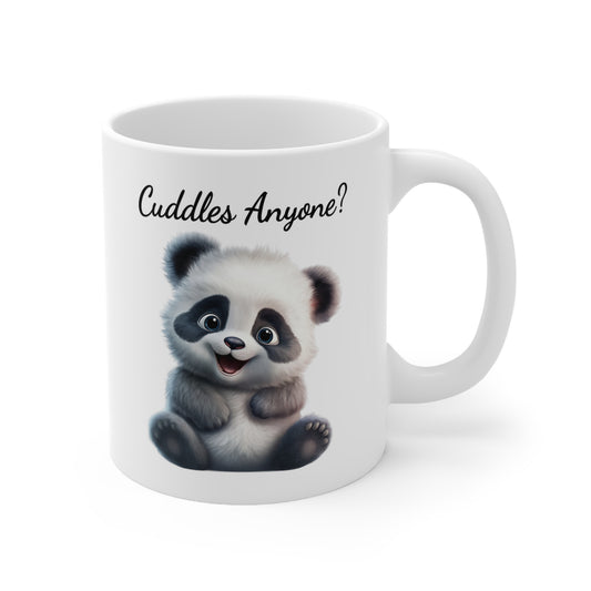 baby panda bear on coffee mug saying cuddles anyone"