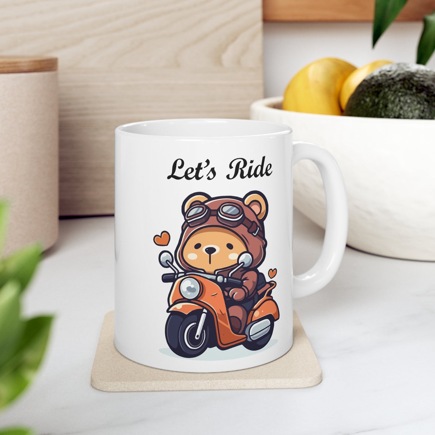 bear riding a scooter coffee mug