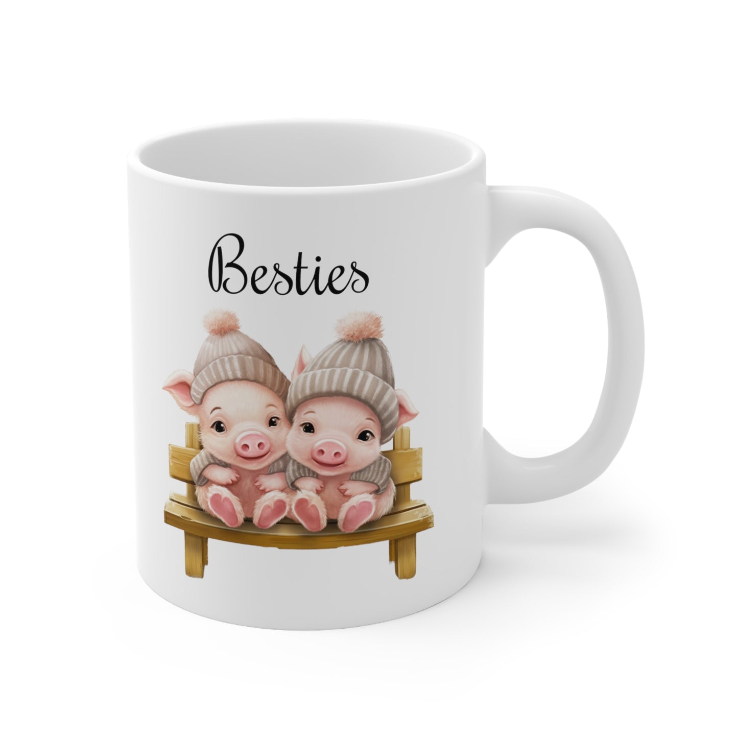 baby pigs sitting on a bench coffee mug