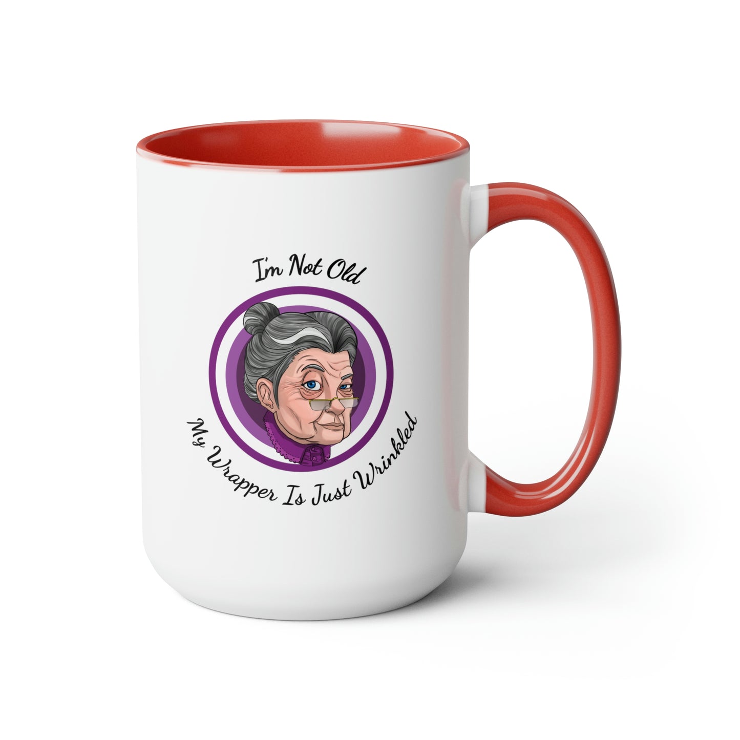 red two tone coffee mug with purple logo saying I'm not old my wrapper is just wrinkled