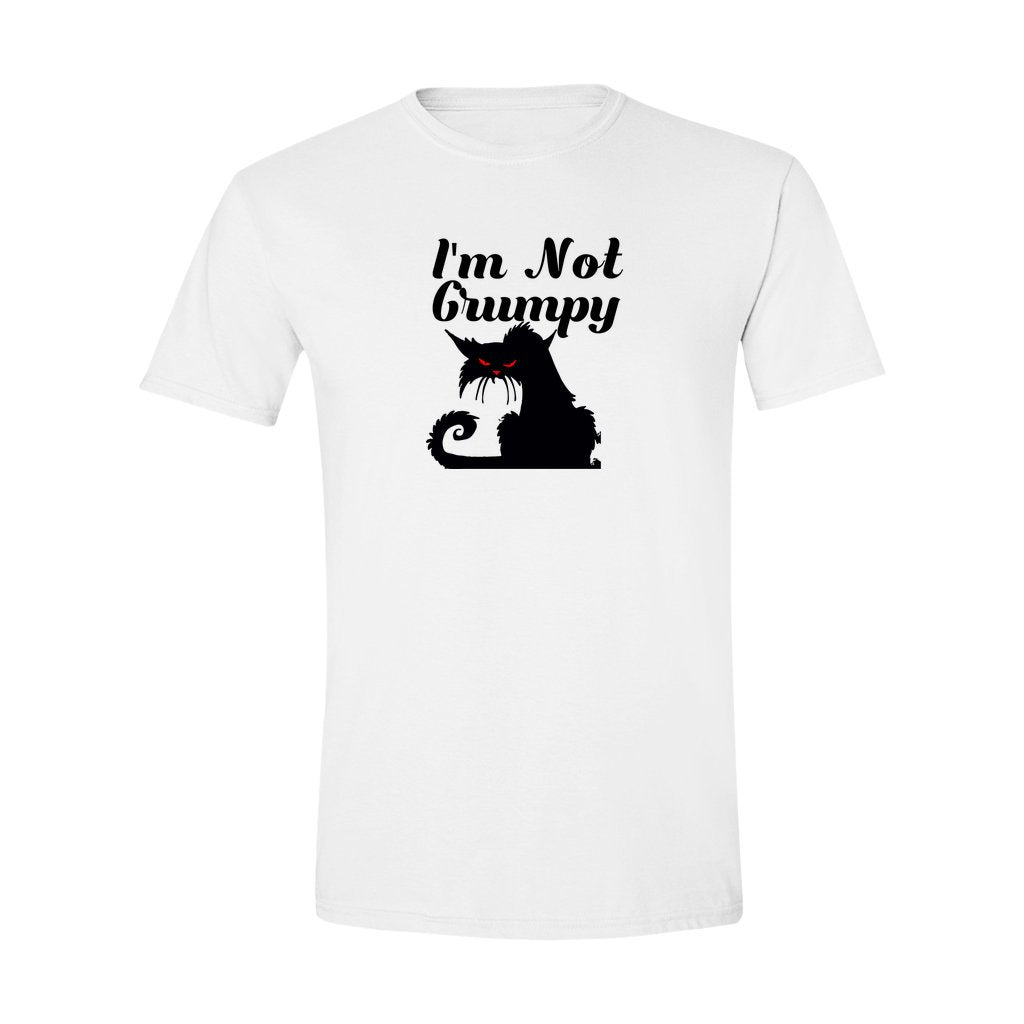 black cat with red eyes saying "I'm not grumpy" on white shirt