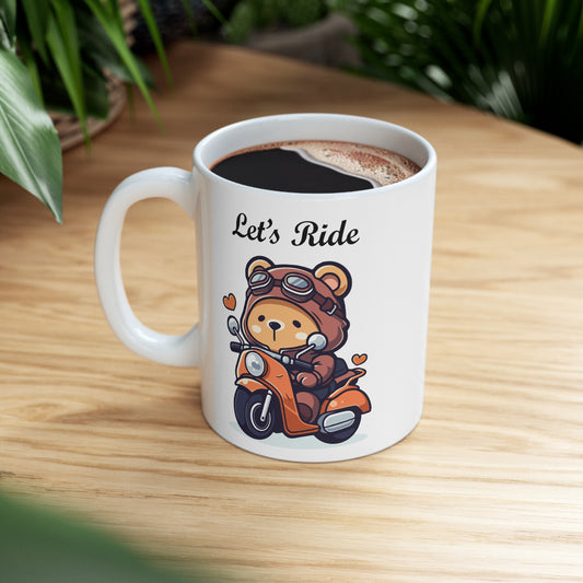 bear riding a scooter coffee mug