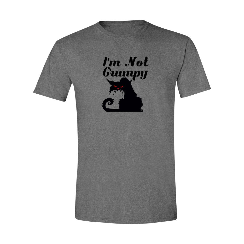 black cat with red eyes saying "I'm not grumpy" on dark gray shirt