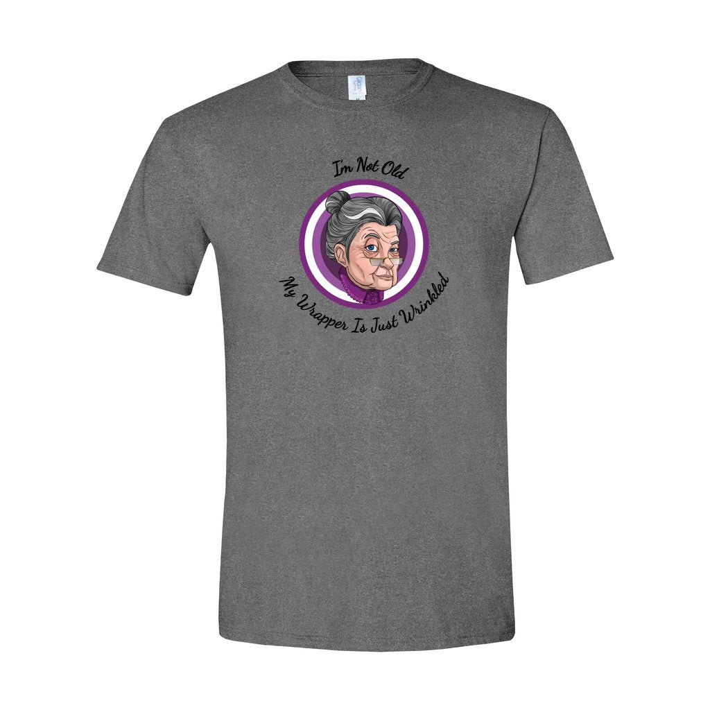 dark gray tee with purple logo saying I'm not old my wrapper is just wrinkled